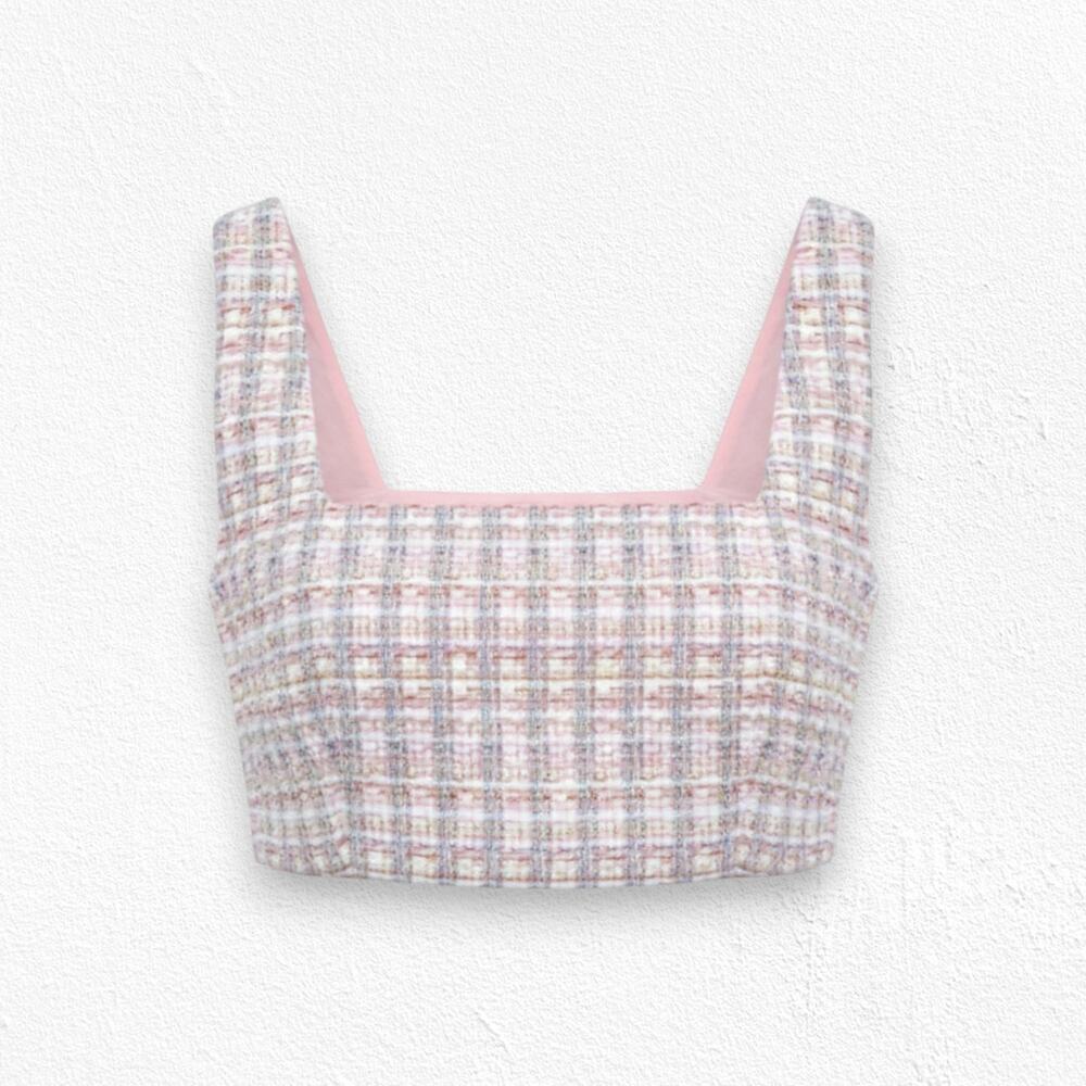 House of Harlow 1960 Pixie Dust Pink Tweed Coquette Crop Top Pink Small NWT $298